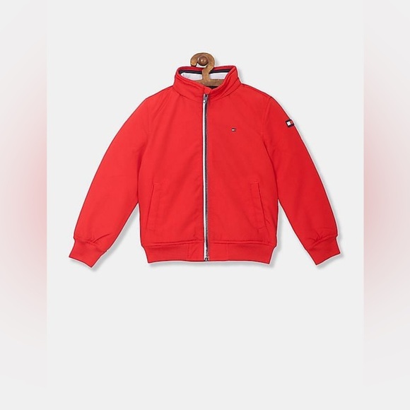 TOMMY HILFIGER Boys Red High Neck Zip-Up Solid Bomber Jacket Sz Small 6-7 NWT - Picture 2 of 15